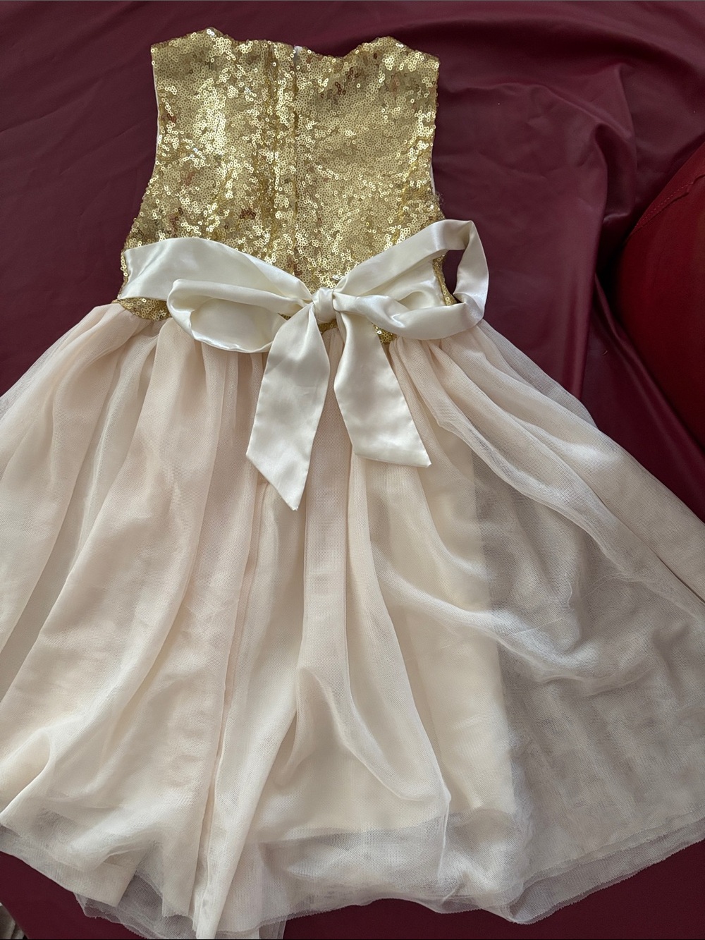 Girls Gold Sequin & Cream Bow Party Dress